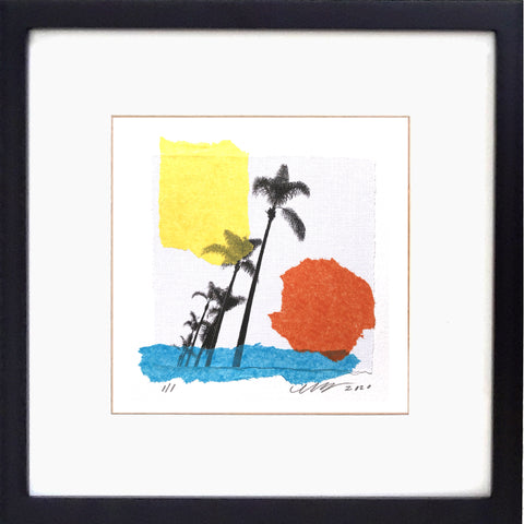 Palm Drive abstract collage featuring towering palm trees of Dan Diego, California. Framed 12" x 12"