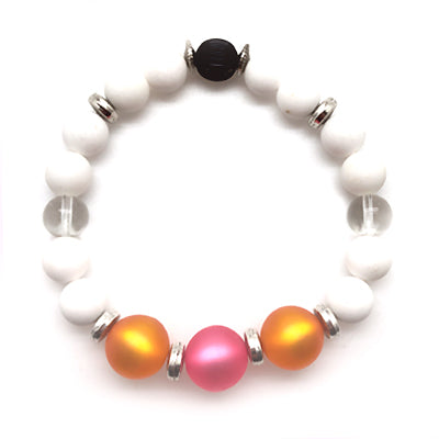 Bliss Bracelet features pink and orange German resin beads surrounded by white matte agate semi-precious stones and gloss clear glass beads.