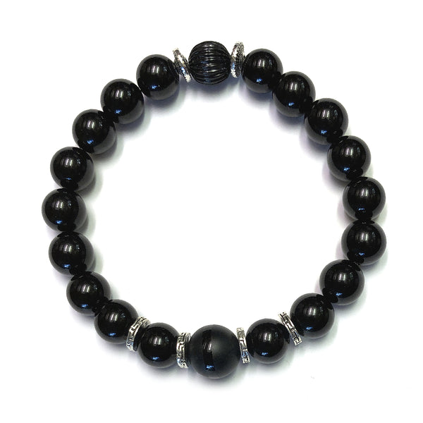 MancessoriesUSA Noir Bracelet features a 12mm Onyx matte finished center stone with glossy band, and antique finished discs with Greek meandros motif.