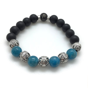 MancessoriesUSA™ Comet™ Bracelet features Grade A Natural Blue Apatite, Black Onyx, and Antique Silver Finished Bali-style beads.