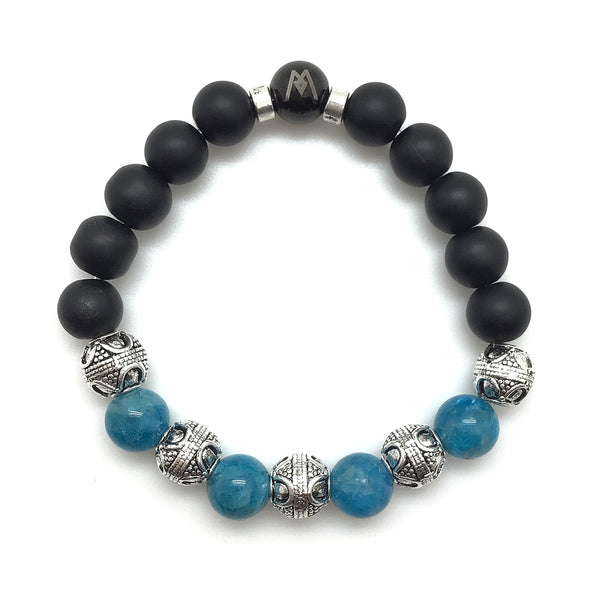 MancessoriesUSA™ Comet™ Bracelet features Grade A Natural Blue Apatite, Black Onyx, and Antique Silver Finished Bali-style beads.