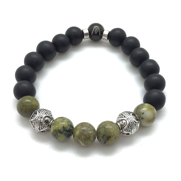 The Grasshopper™ Bracelet features Smooth Yellow Serpentine, Black Onyx, and Antique Silver Finished Bali-style accents.