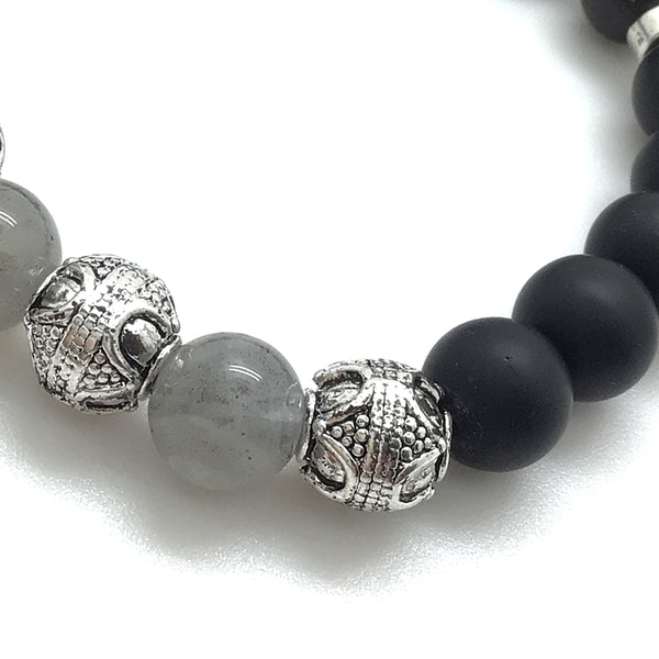 The Gray Gardens™ bracelet features AAA Grade Natural Labradorite, onyx, and silver finished Bali-style beads.
