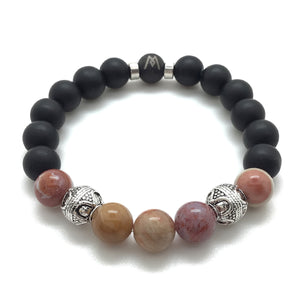 The Redwood™ Bracelet boasts Natural Red Petrified Wood Agate, Matte Black Onyx, and Antique Silver Finished Bali-style accents.
