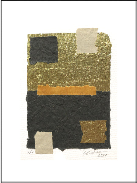 The Squares Abstract Collage features eye-catching bright, golden crepe foil. Unframed 9" x 12"