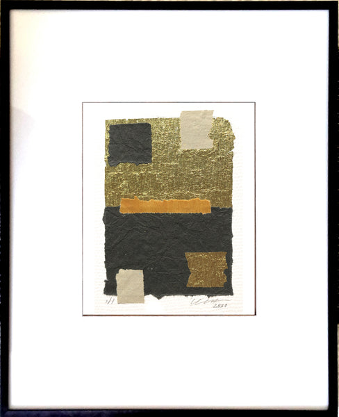 The Squares Abstract Collage features eye-catching bright, golden crepe foil. Black Metal Frame 13" x 18"