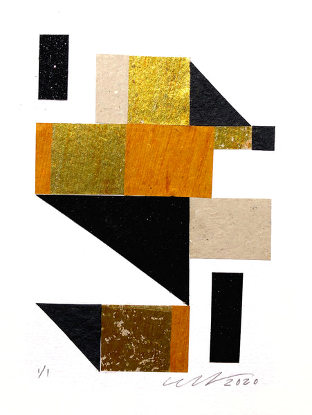 Stairway Abstract Collage feaures bright goldtone foils, matte and glitter black geometric shapes. 13" x 19" Black Metal Frame.