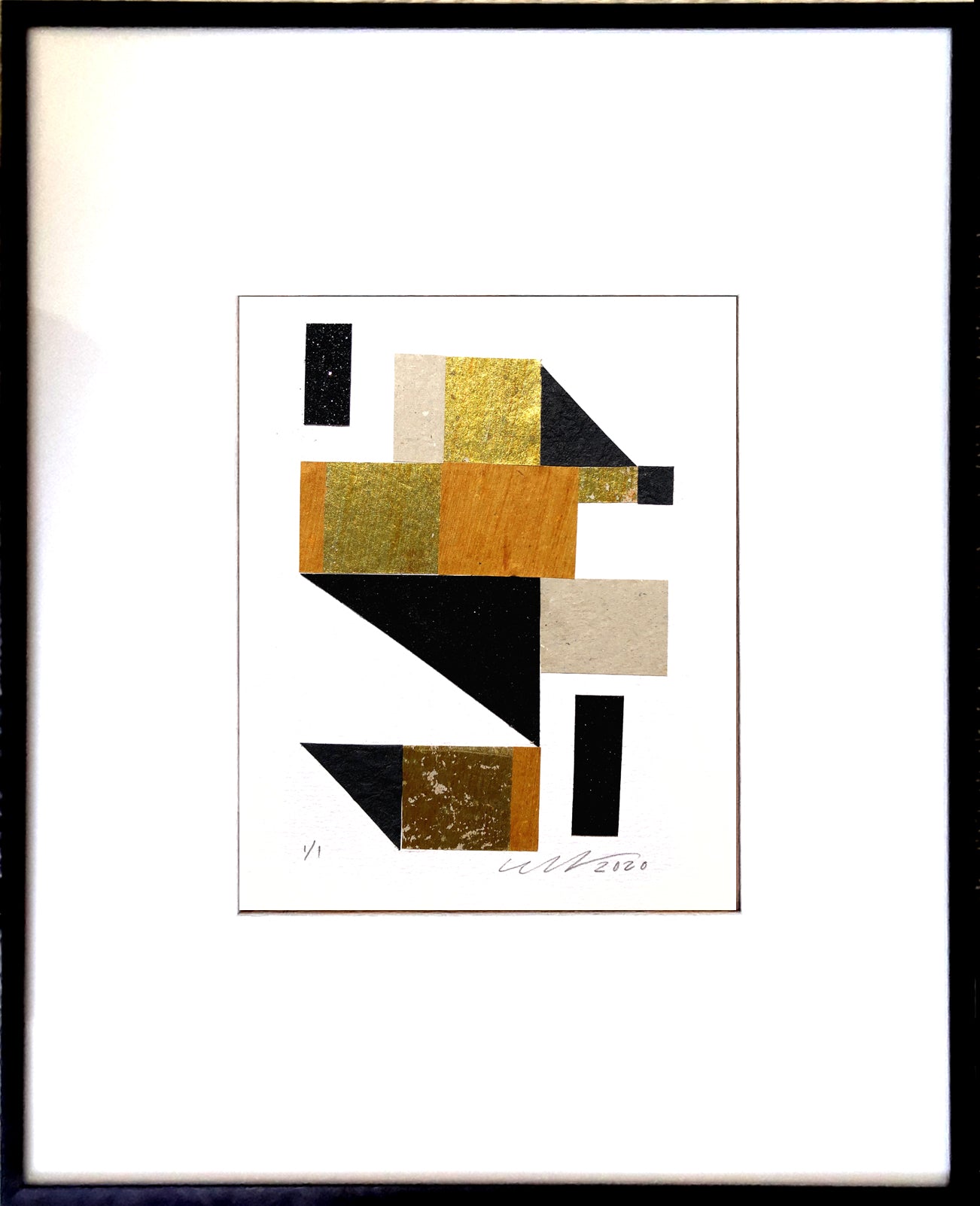 Stairway Abstract Collage feaures bright goldtone foils, matte and glitter black geometric shapes. 13" x 19" Black Metal Frame.