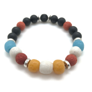 The Painted Desert Bracelet boasts African beads of sky blue, desert ochre, sand white, Sedona red and midnight black.