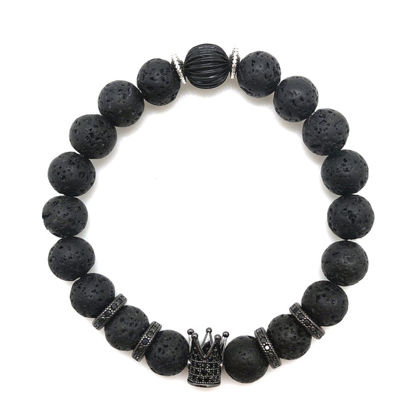 The Midnight Queen Bracelet features Black CZ pave crown surrounded by subdued black CZ pave spacers and black lava beads.