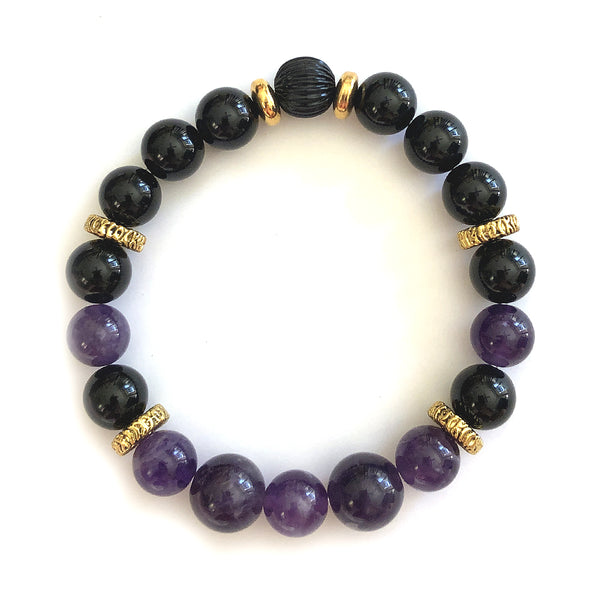 Aquarius Bracelet by MancessoriesUSA features Amethyst and Black Onyx semiprecious stones and Antique Gold Finished accents.