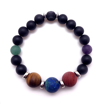 The MancessoriesUSA Glactic Bracelet is one-of-a-kind and features Tiger Eye, Lapiz Lasuli, Jasper. and Black Onyx.