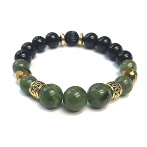 The Mossy Men's Bracelet by MancessoriesUSA features Nephrite and Black Onyx gemstones and golden accents.