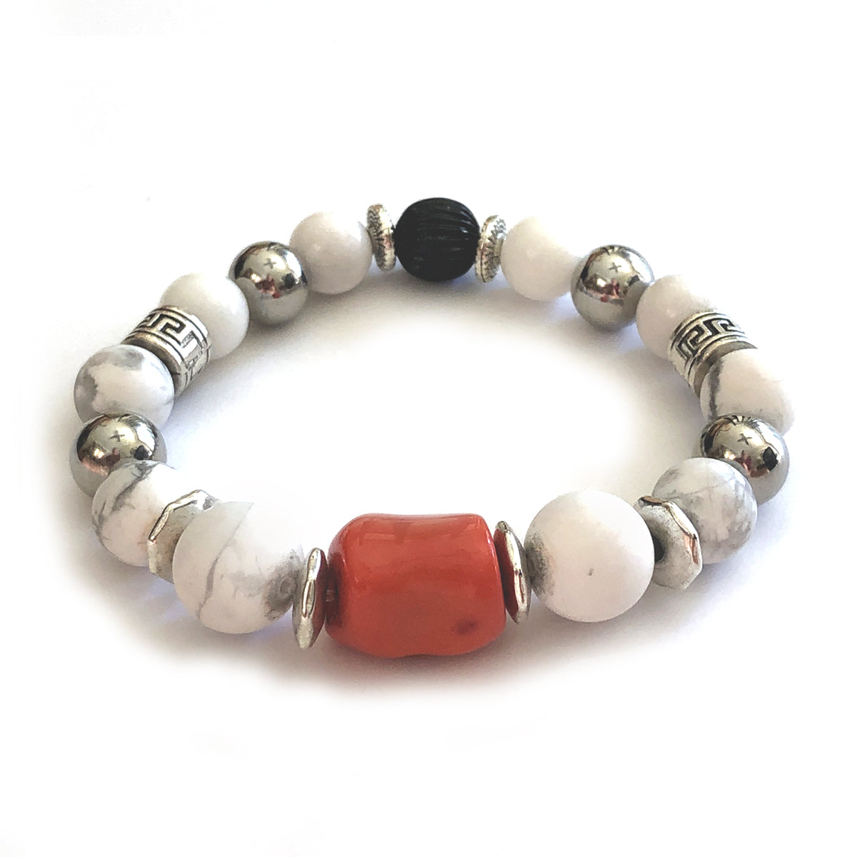 MancessooriesUSA Verano Bracelet features orange coral, white howlite and stainless steel beads.